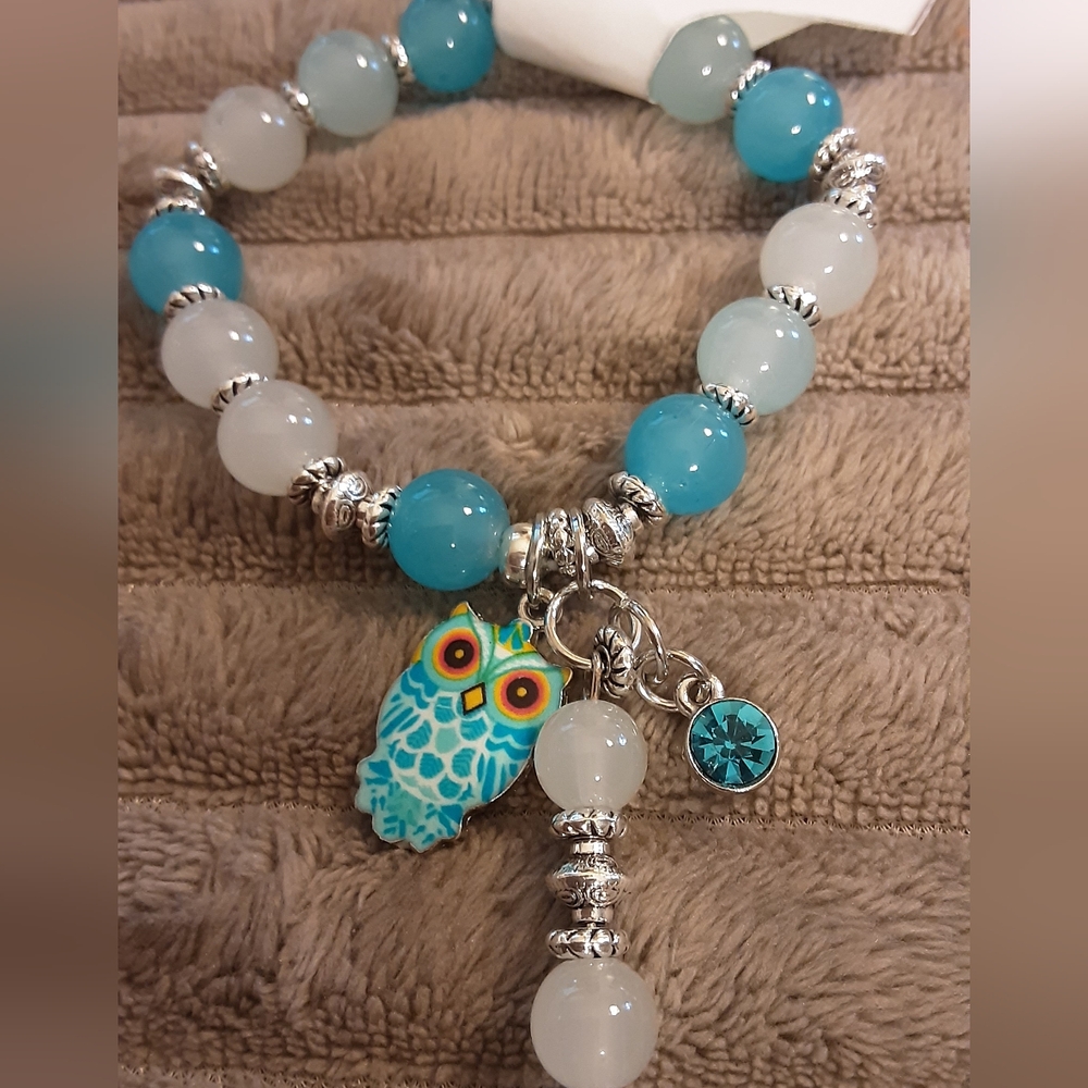 Handmade Beaded Stretch Bracelet With Owl Charm